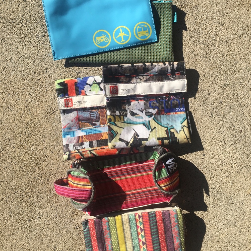(6) bundled colorful zippered pouches- various size + materials